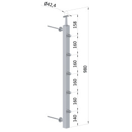 Nerezový sloup na francouzský balkón, boční kotvení, 5 řadový, průchozí, vrch pevný, (40x40x2.0 mm), broušená nerez K320
