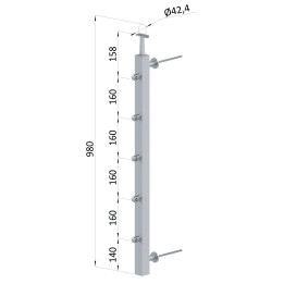 Nerezový sloup na francouzský balkón, boční kotvení, 5 řadový, pravý, vrch pevný, (40x40x2.0 mm), broušená nerez K320 /A