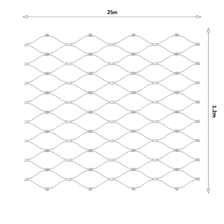 Lanová sieť, 1,2 x 25 m, oko 60 x 104 mm, ø 2 mm, AISI 316