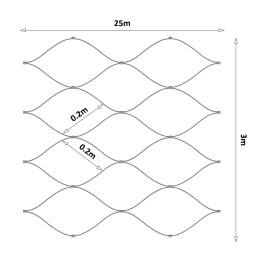 Lanová sieť, 3 x 25 m, oko 200 x 200 mm, ø 2 mm, AISI 316