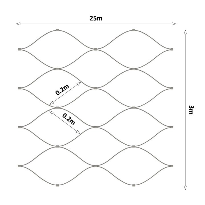 Nerezová lanová síť 3 x 25 m, oko 200 x 200 mm, ø 2 mm, AISI 316