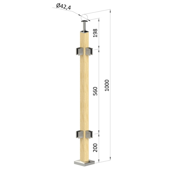 Dřevěný sloup, vrchní kotvení, výplň: sklo, rohový: 90°