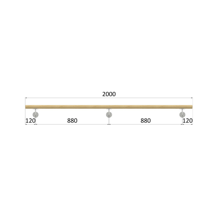 Madlo drevené (2000mm), materiál: buk, brúsený povrch s náterom BORI (bezfarebný), set: 3 ks úchyt, madlo s ukončením