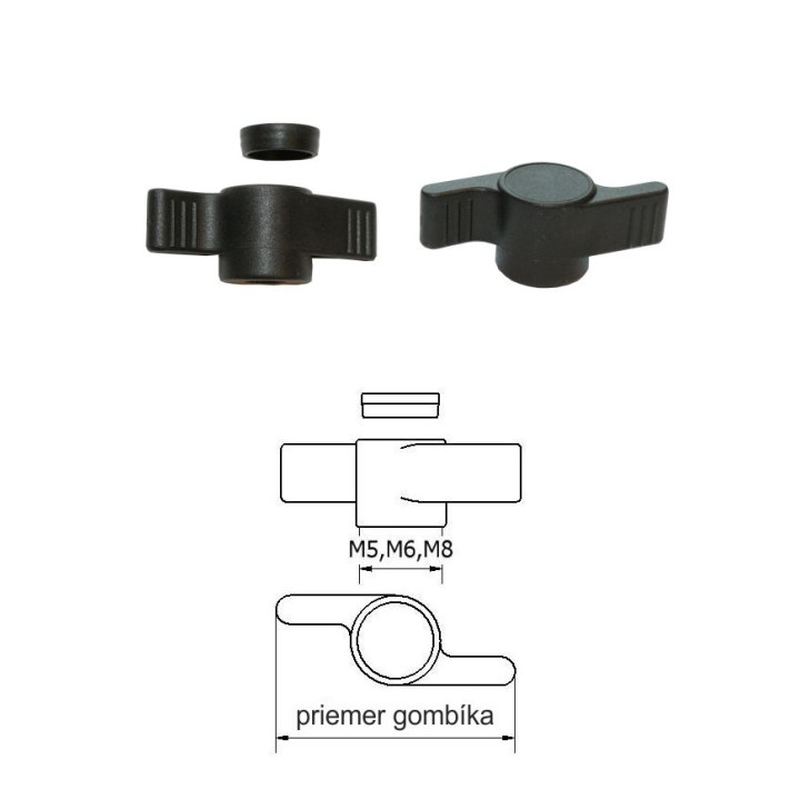 Plastová motýlková matice PA, ø 50 mm, otvor ø 8 mm, černá