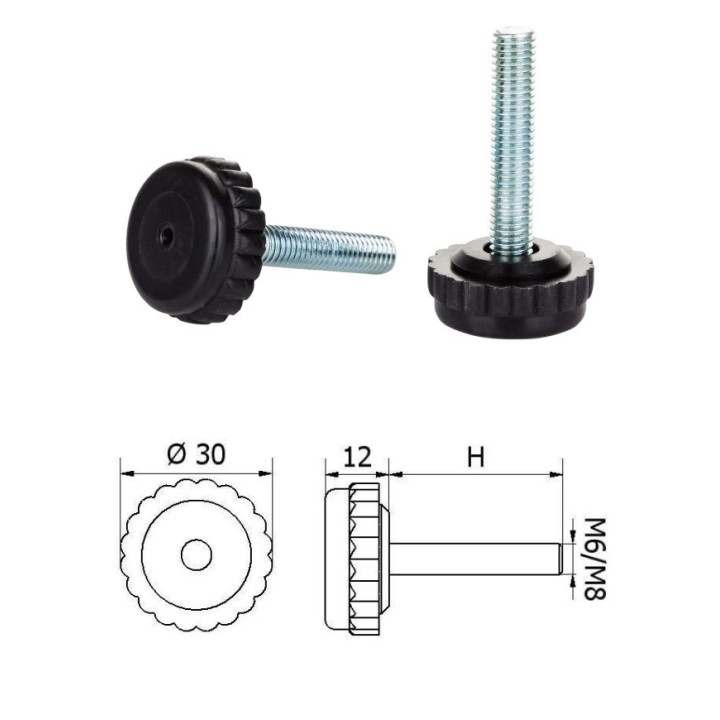 ø-30mm, M8x45mm, H-45mm, černá, bezkloubová plastová nivelační nožička, závitově-nastavitelná