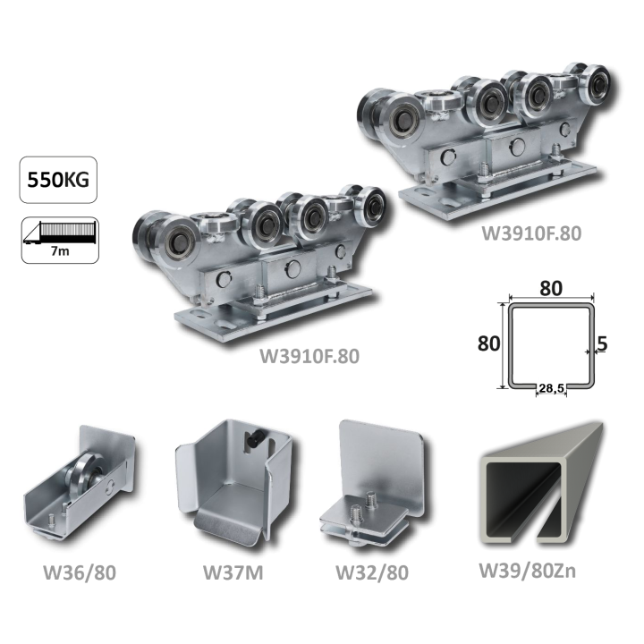Set spodního vedení s pozinkovaným C profilem 80x80x5mm pro samonosnou bránu do 550 kg