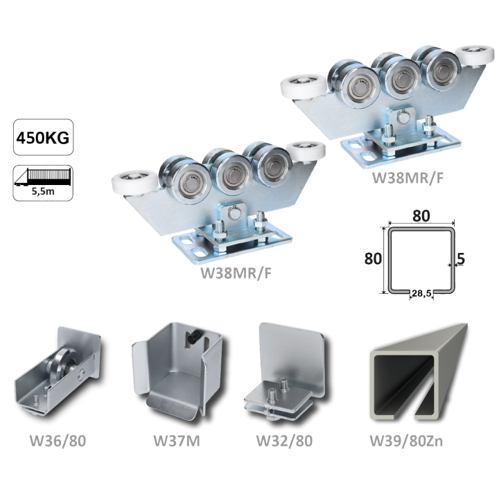 Set spodního vedení s pozinkovaným C profilem 80x80x5mm pro samonosnou bránu do 550 kg