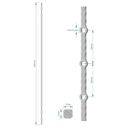 Tyč 2 m, opískovaná, profil 12 mm, rozteč 120 mm, oko 12,5 mm