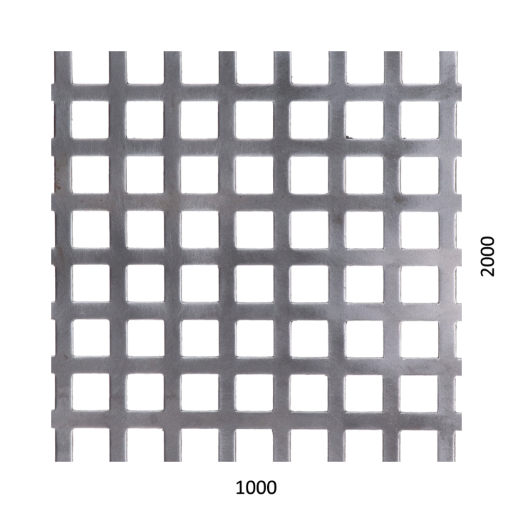 Děrovaný plech čtvercový řadový Fe, otvor 10x10 mm, rozteč 15 mm (1000x2000x2,0 mm)