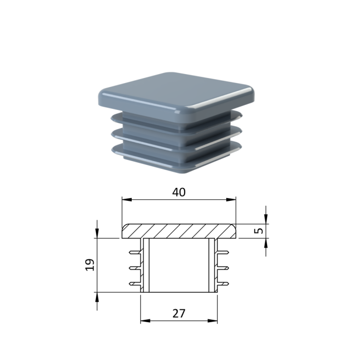Krytka plastová 40 x 40 x 3 - 5 mm šedá