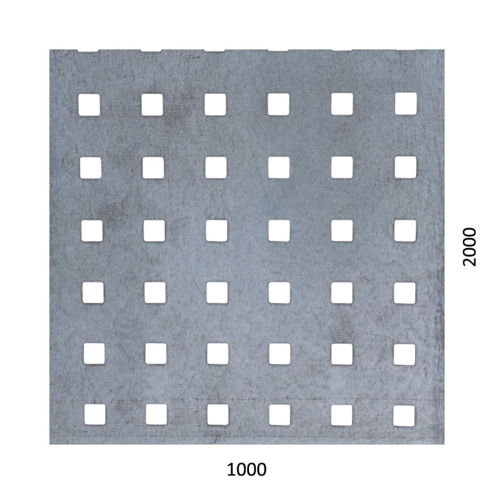 Děrovaný plech čtvercový řadový Zn, otvor: 10x10 mm, rozteč: 20 mm (1000x2000x1,5 mm)