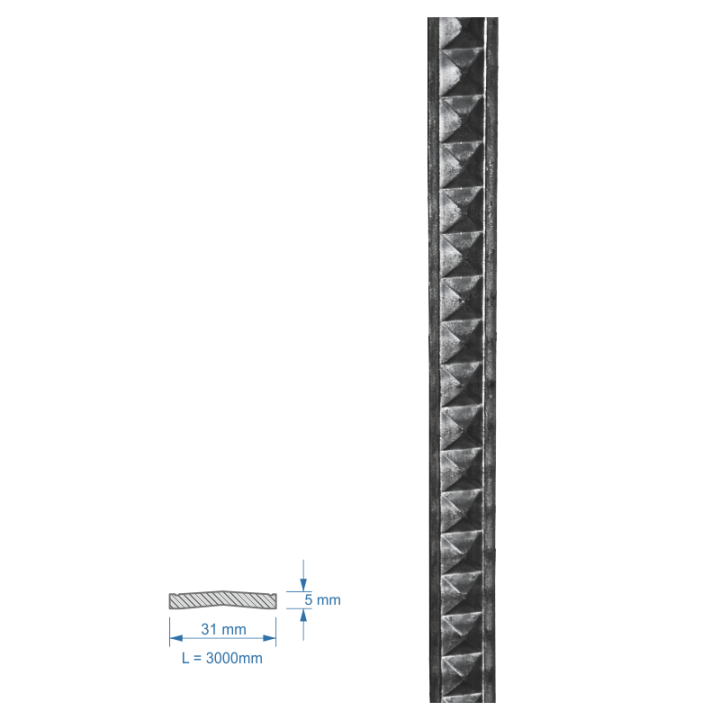 Plochá tyč vzorovaná 31 x 9 x 3000 mm, ocel S235