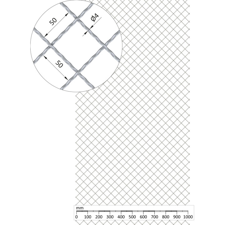 Žebírkové pletené síto - vzor Diamant, oko 50x50 mm, průměr pletiva ø4 mm, rozměr 1000x2000 mm, materiál: Nerez (AISI 304)