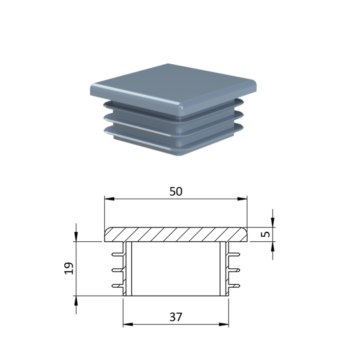 Plastová krytka 50 x 50 x 3 - 5 mm (šedá)