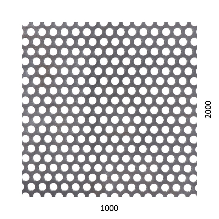Děrovaný plech kruhový přesazený Fe, otvor: Ø 6.0 mm, rozteč: 9.0 mm (1000x2000x1,5 mm)