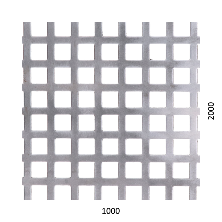 Děrovaný plech čtvercový řadový Zn, otvor: 10 x 10 mm, rozteč: 14 mm (1000 x 2000 x 1,0 mm)