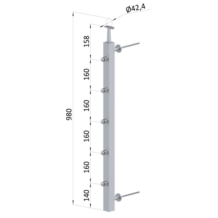 Nerezový sloup pro francouzský balkón, boční kotvení, 5řadový pravý, vrch pevný (40x40x2.0 mm), broušená nerez K320 / A
