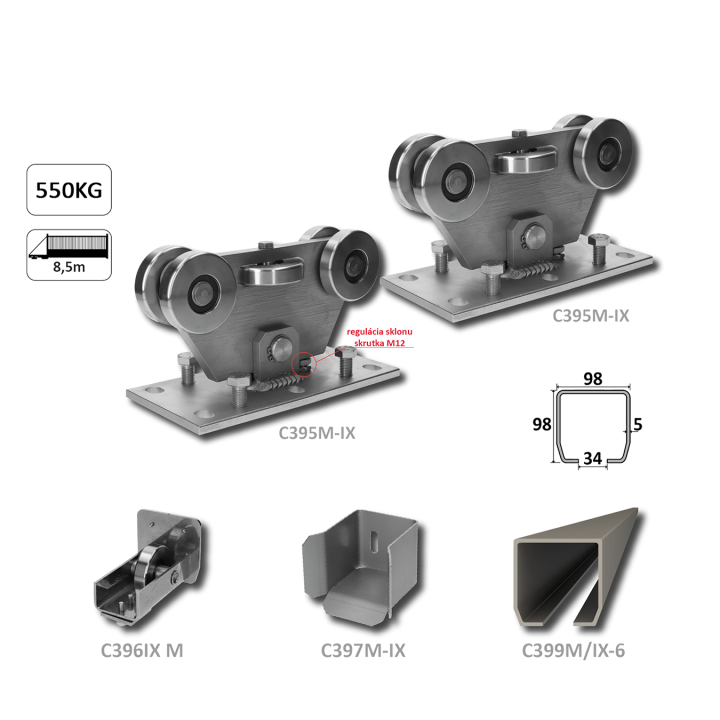 Samonosný systém MEDIO INOX do 550 kg/8,5 m, C profil 98×98×5 mm, nerez