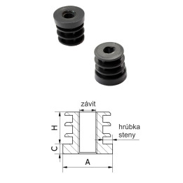 Plastová kruhová zátka s PE závitem A-20 mm, H-20 mm, C-6,2 mm černá, tloušťka stěny 1,5 mm, M8 - M10
