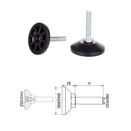 Kloubová plastová nivelační nožička závitově-nastavitelná M8 - M10 20 - 50 mm