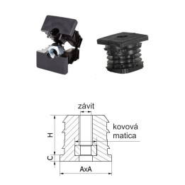 Plastová vystužená čtvercovo-rúrková zátka s kovovou maticí PE M8 - M10
