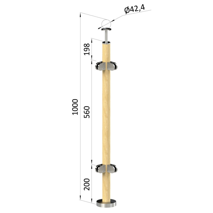 Dřevěný sloup, vrchní kotvení, výplň: sklo, rohový: 90°