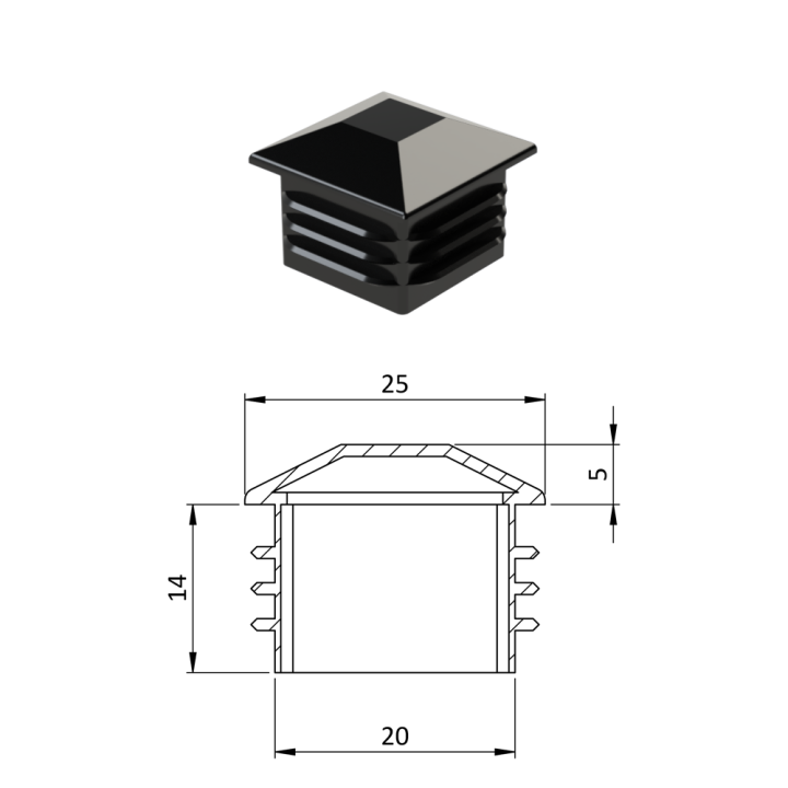 Krytka plastová se stříškou 25 x 25 mm, černá