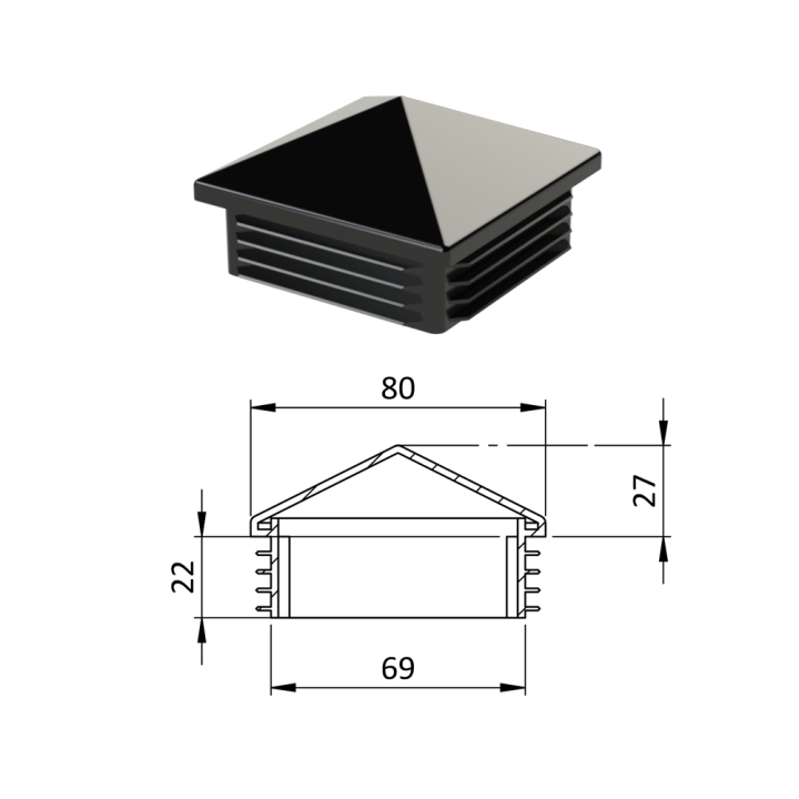 Krytka plastová se stříškou 80 x 80 mm, černá