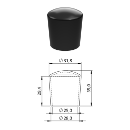 Vnější plastová krytka PVC Ø 31,8 x 35 mm, otvor 25 mm, černá