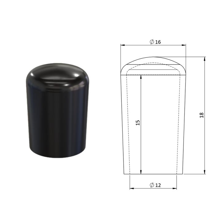 Vnější plastová krytka PVC Ø 16 x 18 mm, otvor 12 x 15 mm, černá