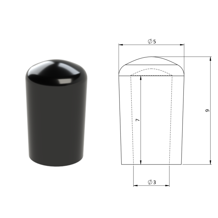 Vnější krytka PVC ø 5 x 9 mm, otvor 3 x 7 mm, černá