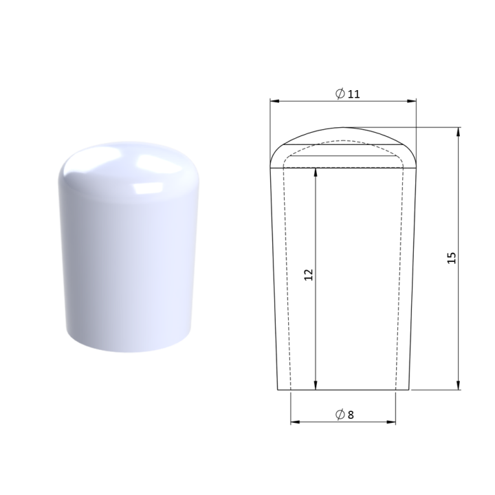 Vnější krytka PVC ø 11 x 15 mm, otvor 8 x 11 mm, bílá