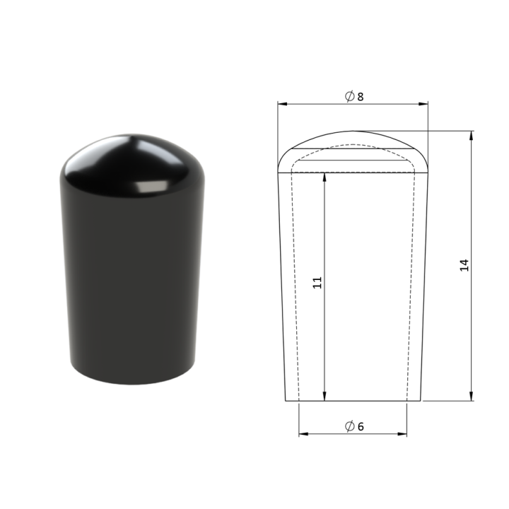 Vnější krytka PVC ø 8 x 14 mm, otvor 6 x 11 mm, černá